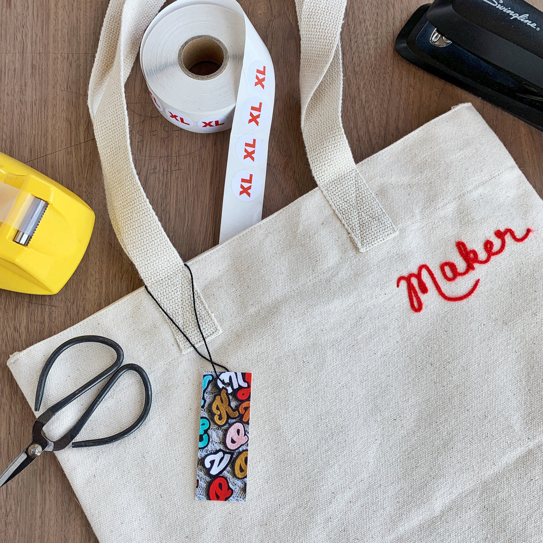 Embroidered Canvas Tote with Red Lettering