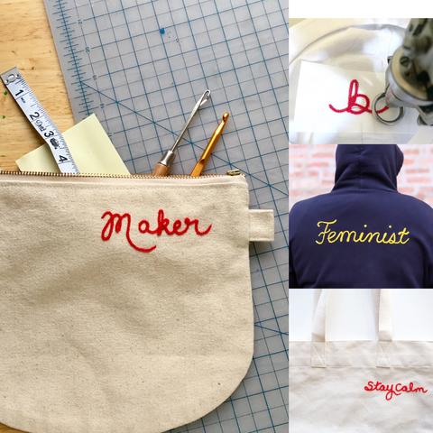 Custom Chainstitch Lettering on Hoodies and Bags