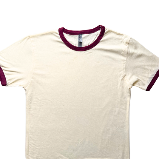 ADULT Small Cream and Maroon Ringer T Shirt
